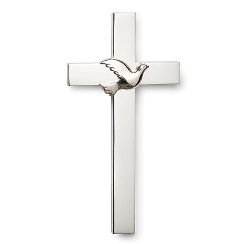 Silver Holy Spirit Confirmation Cross with dove detail, 4.75 inches tall, elegant symbol of faith and reverence