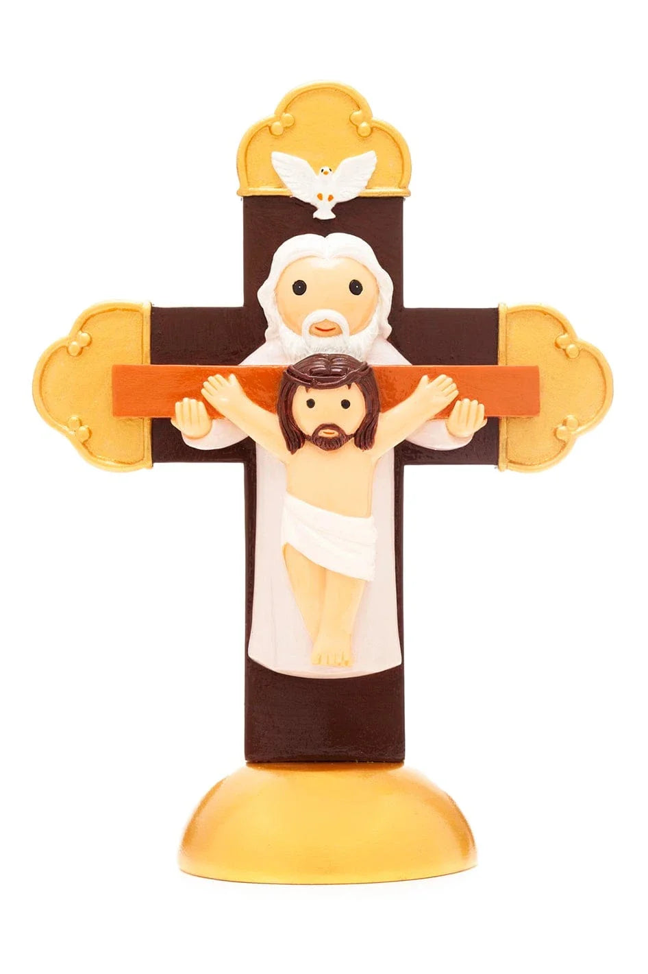 3.5" Holy Trinity cross figurine with Father, Son on cross, and Holy Spirit dove in gold and brown colors