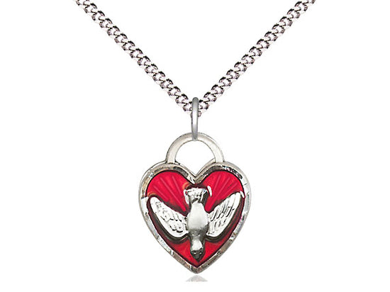 Sterling silver Holy Spirit heart medal with vibrant red epoxy, on 18" rhodium curb chain, 5/8" tall pendant.