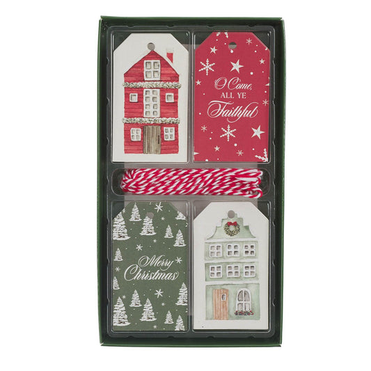 Set of four festive holiday gift tags with red, green, and white house designs and Christmas-themed messages
