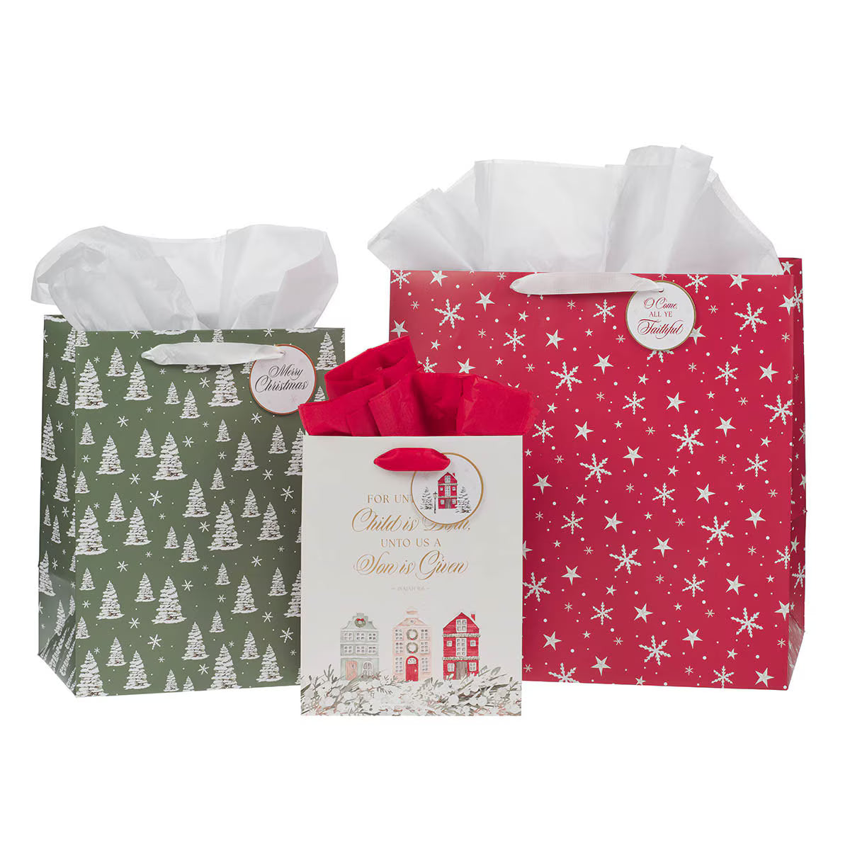 Set of three Christmas gift bags with festive trees, stars, and holiday village designs with tissue paper inside
