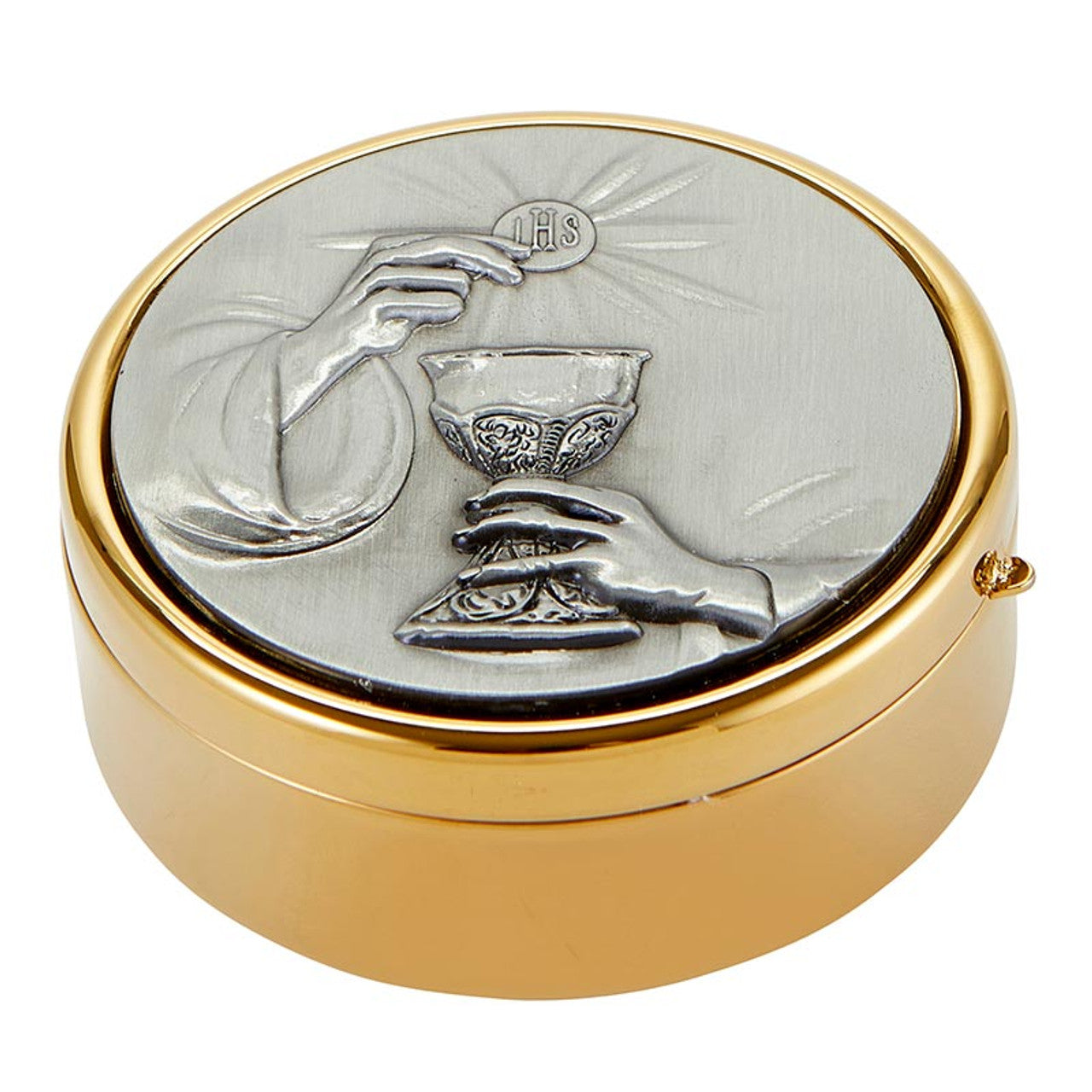 Gold round pyx with silver relief of hands holding chalice and host marked with IHS on lid