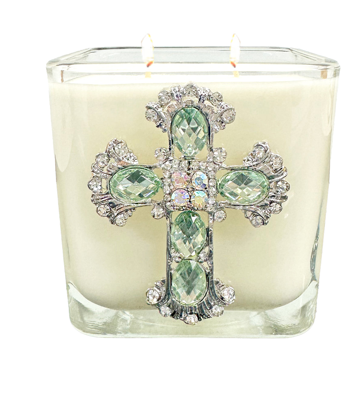 3 1/2" Hyssop scented soy candle in clear glass with jeweled cross featuring peridot and crystal accents