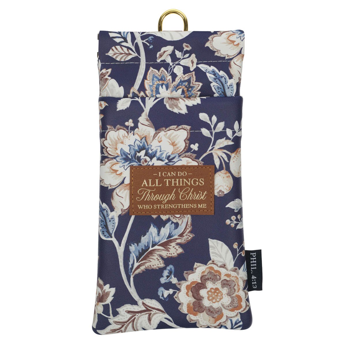 Honey-brown and navy floral faux leather double eyeglass case with Philippians 4:13 scripture patch