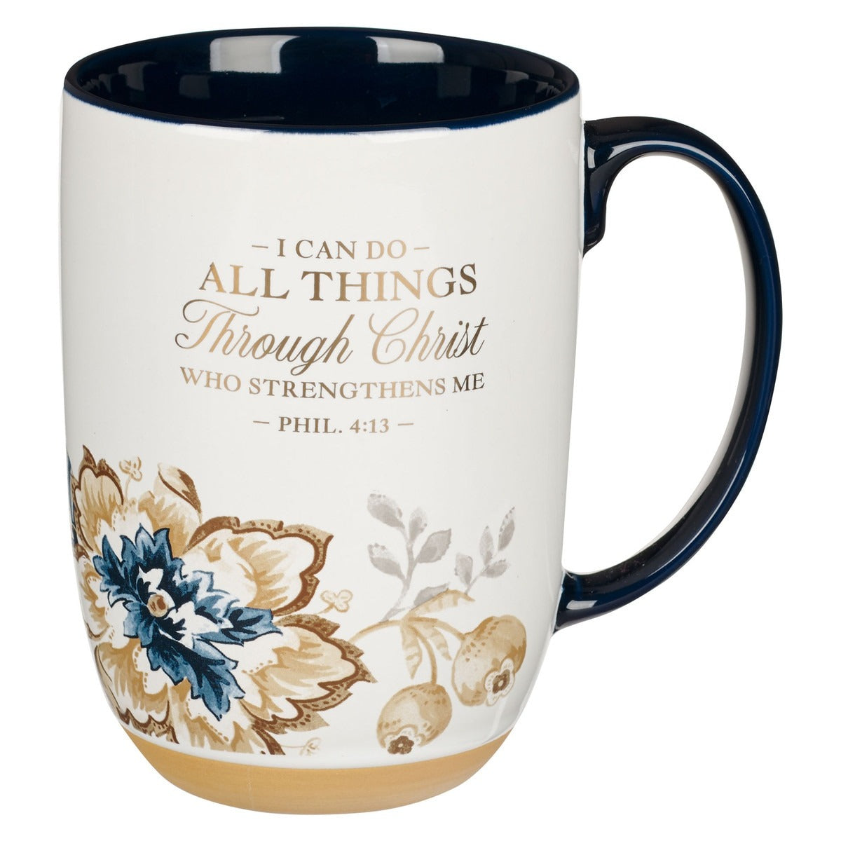 Ceramic mug with honey-brown and blue floral design and Philippians 4:13 scripture on white with dark blue handle