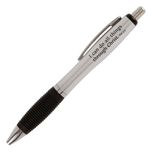 Silver pen with black rubber grip featuring inspirational "I can do all things through Christ" Phil 4:13 scripture text
