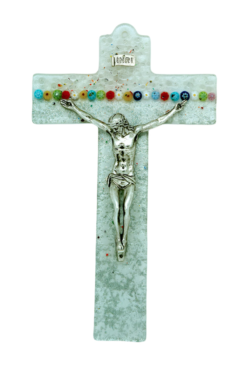 9" Murano glass crucifix with clear textured background, floral accents, and silver-toned Jesus figure on cross