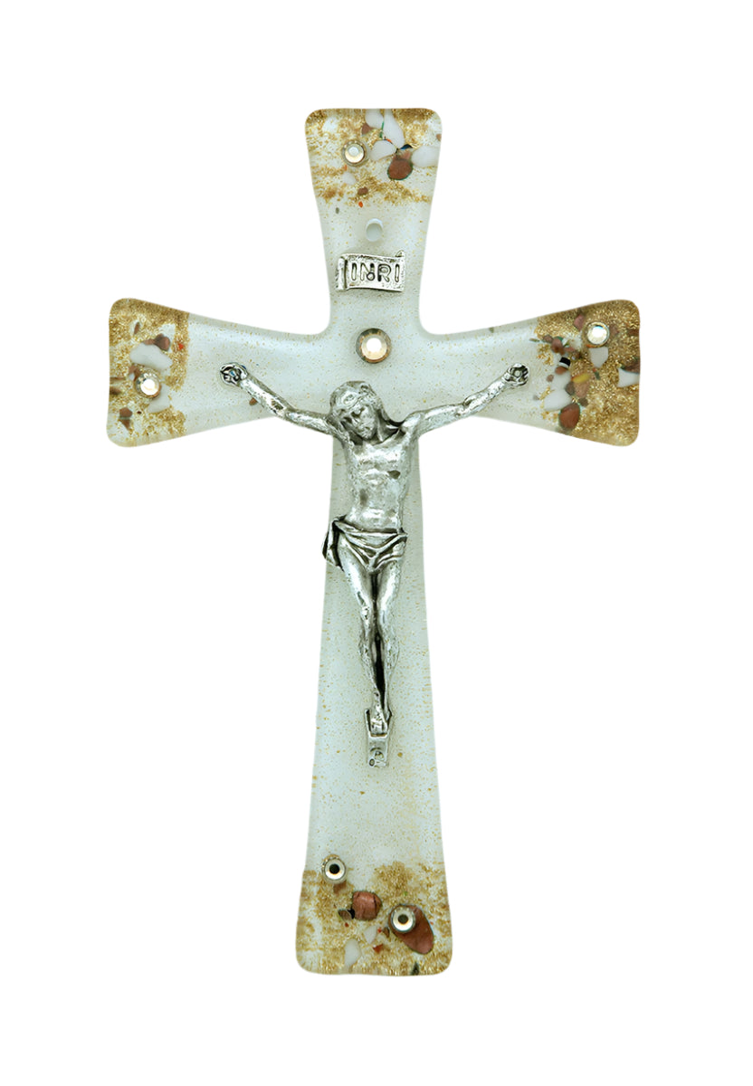 6" Murano glass crucifix with silver Christ figure, gold and copper accents, handmade Italian craftsmanship detail