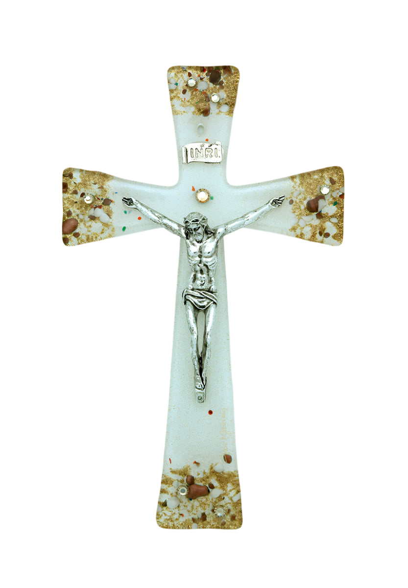 8" Genuine Murano glass crucifix with silver corpus, gold and copper flecks, handcrafted Italian artistry
