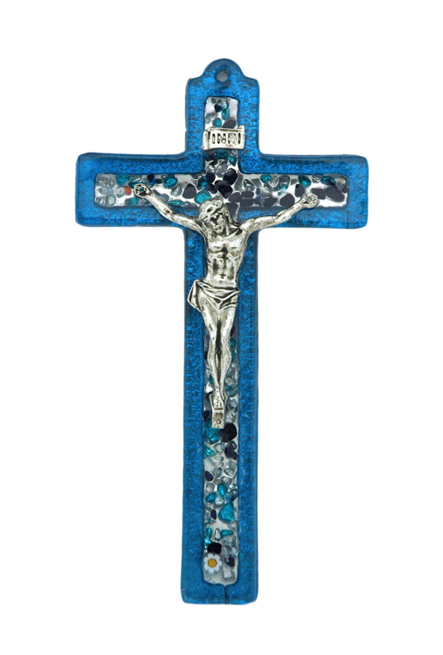 6" Murano glass crucifix in vibrant blue with silver-toned Christ figure and intricate Millefiori detailing