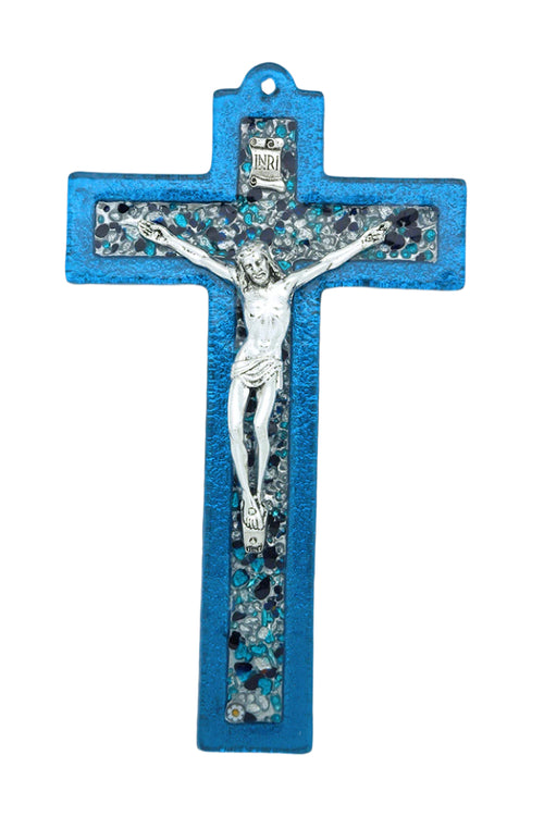 10" genuine Murano glass crucifix with vibrant blue frame, silver Jesus figure, and intricate mosaic detailing