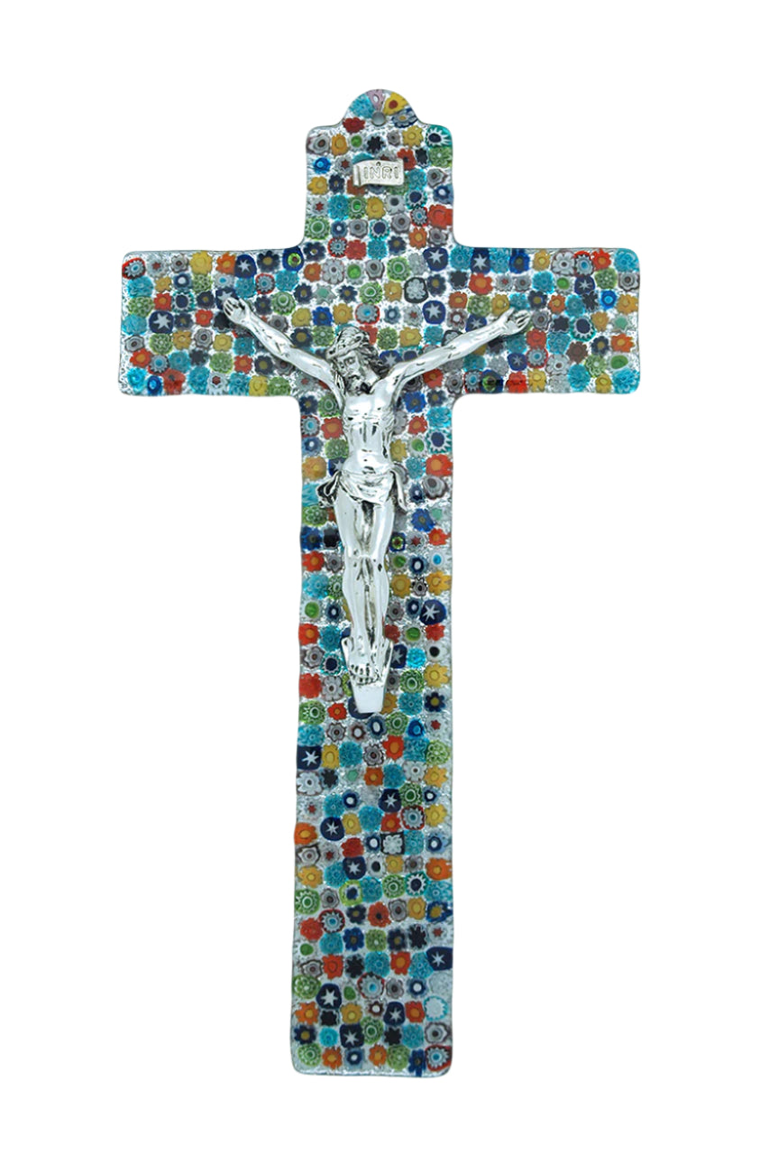 13" Murano glass crucifix with hand-crafted multicolored floral mosaic and silver-toned Jesus figure centerpiece