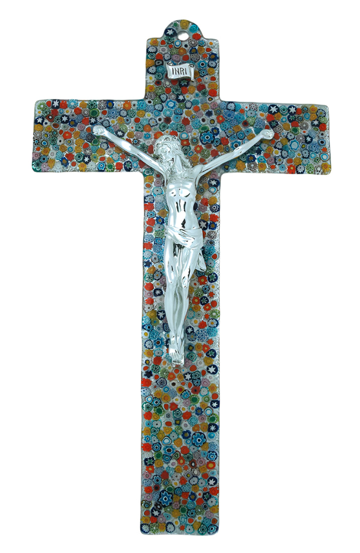 18.5" Italian Murano glass crucifix with silver-tone Christ figure and intricate multi-colored floral design background