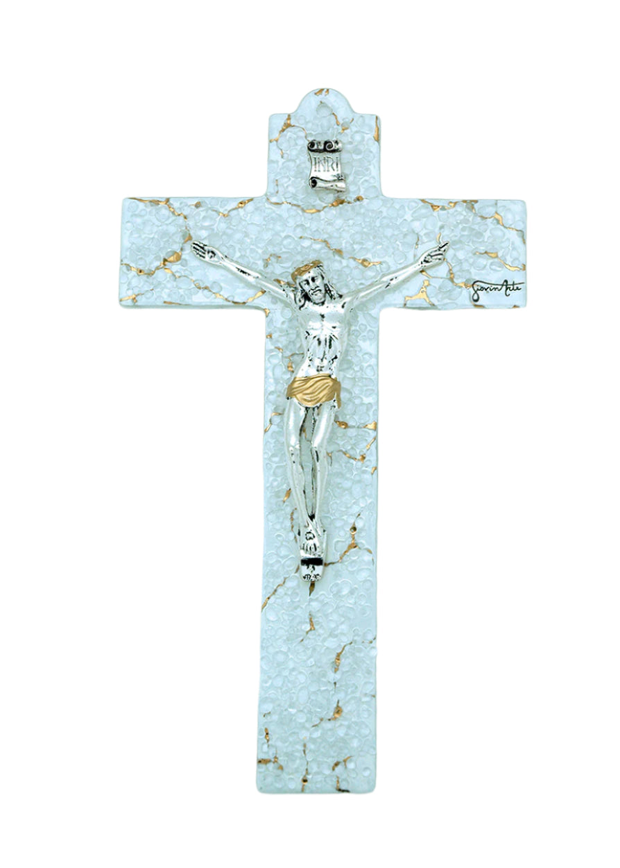 9.5" genuine Murano glass crucifix with pebbled gold finish, detailed silver-toned figure of Christ on cross
