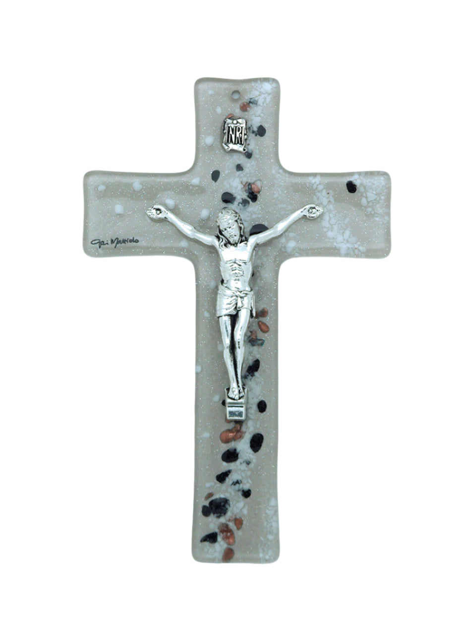 6-inch genuine Murano glass crucifix with beige base, black and copper accents, and silver-tone Christ figure