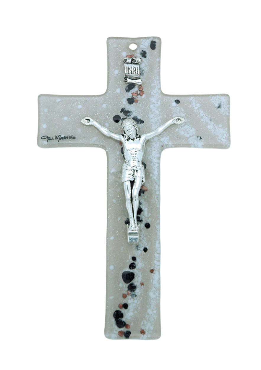 8" Murano glass crucifix with beige base, black and copper accents, silver-toned Christ figure and INRI plaque