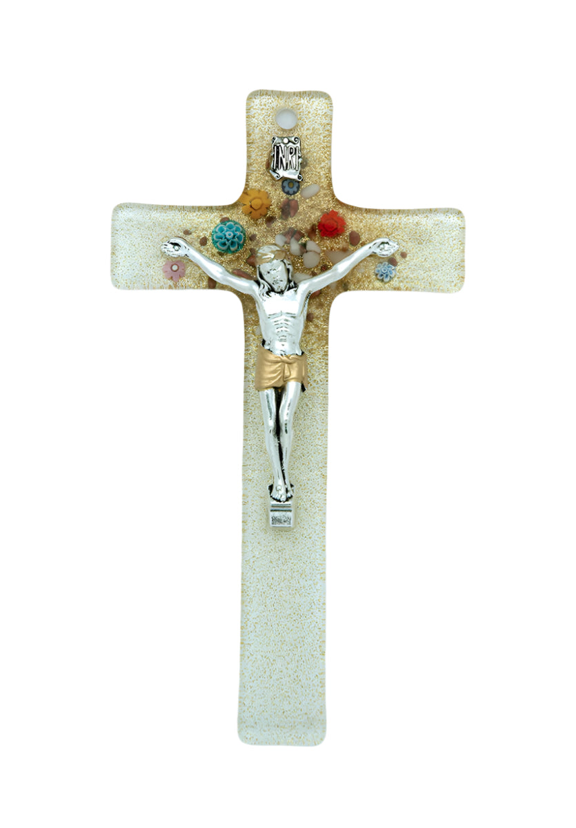6" Murano glass crucifix with clear and gold tones, hand-crafted with silver figure and colorful floral accents