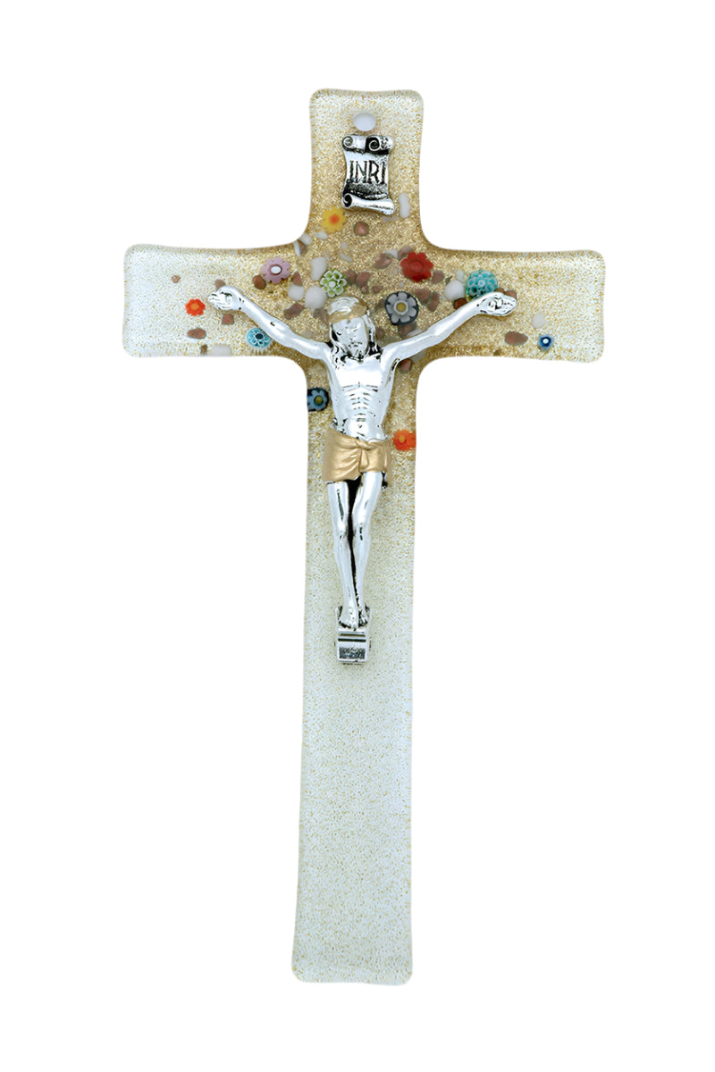 8" Murano glass crucifix with clear and gold tones, silver Christ figure, and colorful floral accents handcrafted in Italy