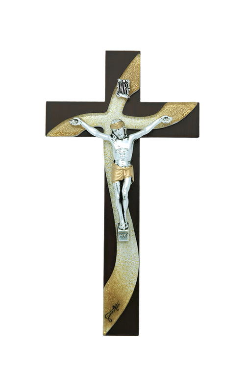6-inch Italian wood crucifix with silver-toned Christ figure, gold accents, Murano glass inlays, and INRI plaque