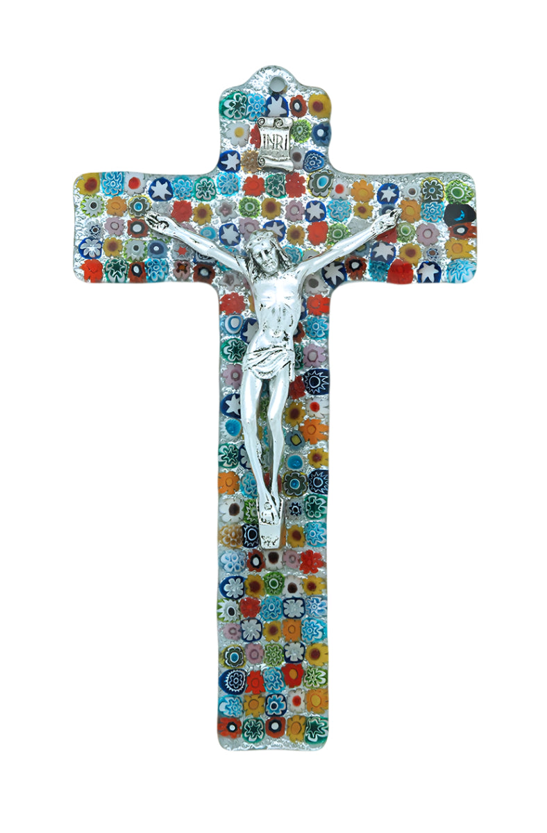 9" Italian Murano glass crucifix with silver-tone Christ figure and vibrant multicolored floral mosaic background