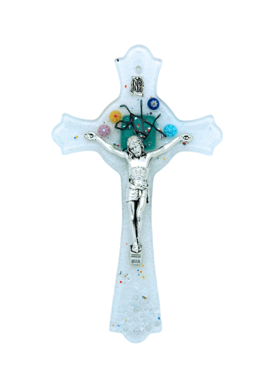 6" Italian Murano glass crucifix with geometric design, silver-toned Christ figure, and colorful floral accents