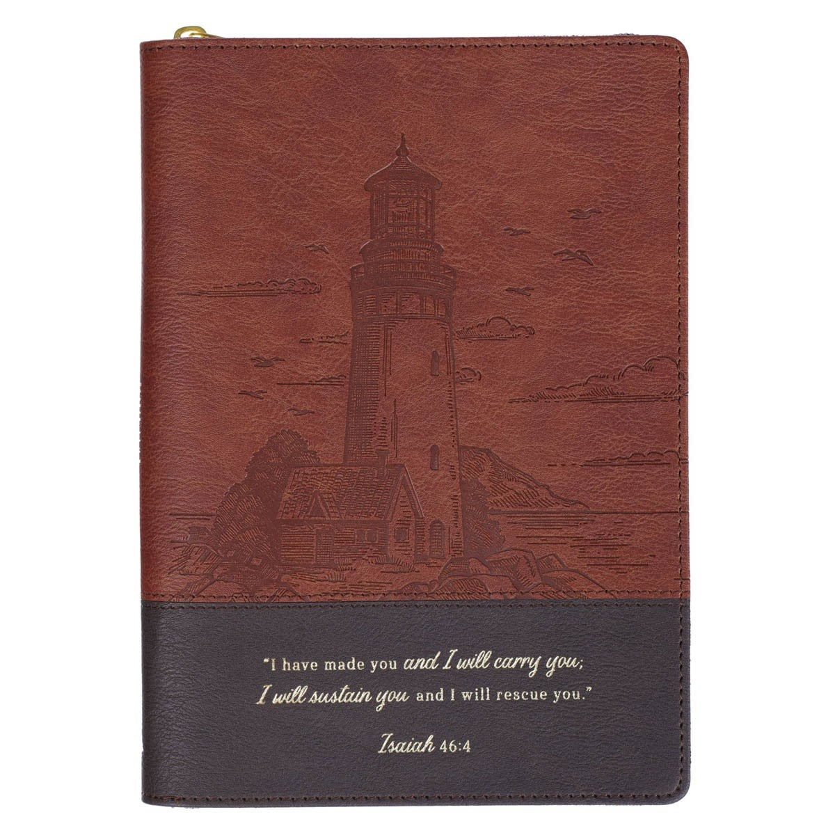 Two-tone brown faux leather journal with lighthouse design, zipper closure, and Isaiah 46:4 scripture quote on cover