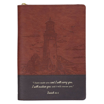 Two-tone brown faux leather journal with lighthouse design, zipper closure, and Isaiah 46:4 scripture quote on cover