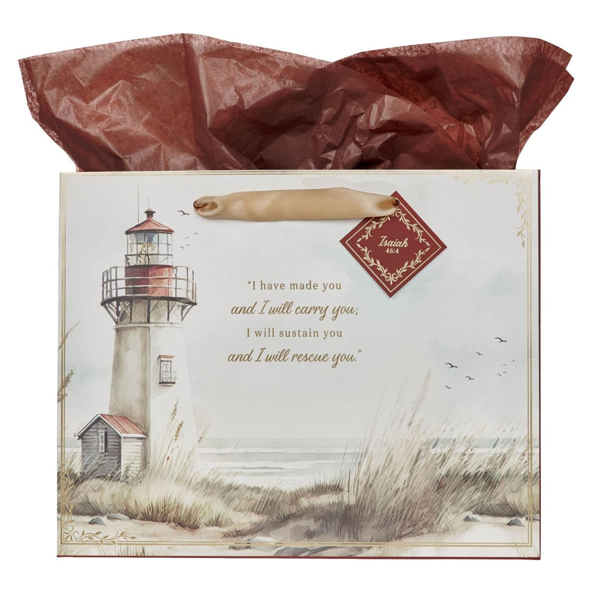 Large landscape gift bag with lighthouse design, Isaiah 46:4 scripture, and attached scripture tag with brown tissue paper