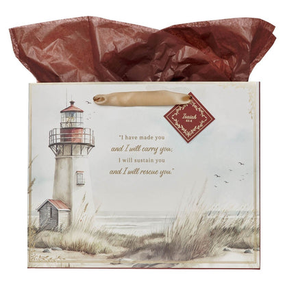 Large landscape gift bag with lighthouse design, Isaiah 46:4 scripture, and attached scripture tag with brown tissue paper