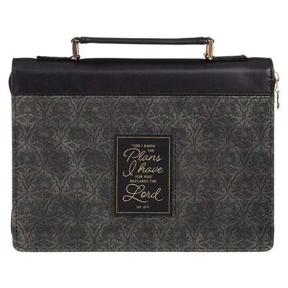 I Know the Plans Black Floral Faux Leather Fashion Bible Cover - Jeremiah 29:11 Medium