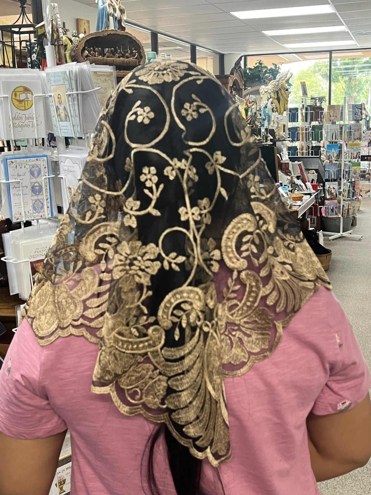 Black and Beige Jacinta Lace Mantilla Chapel Spanish Veil 51"