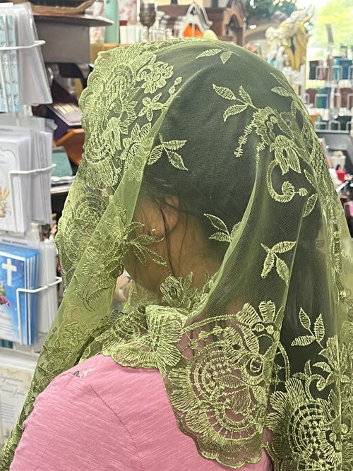 Olive Green Eva Lace Mantilla Chapel Spanish Veil 51"