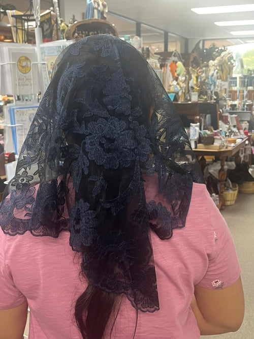 Navy and Black Olivia Lace Mantilla Chapel Spanish Veil 51"