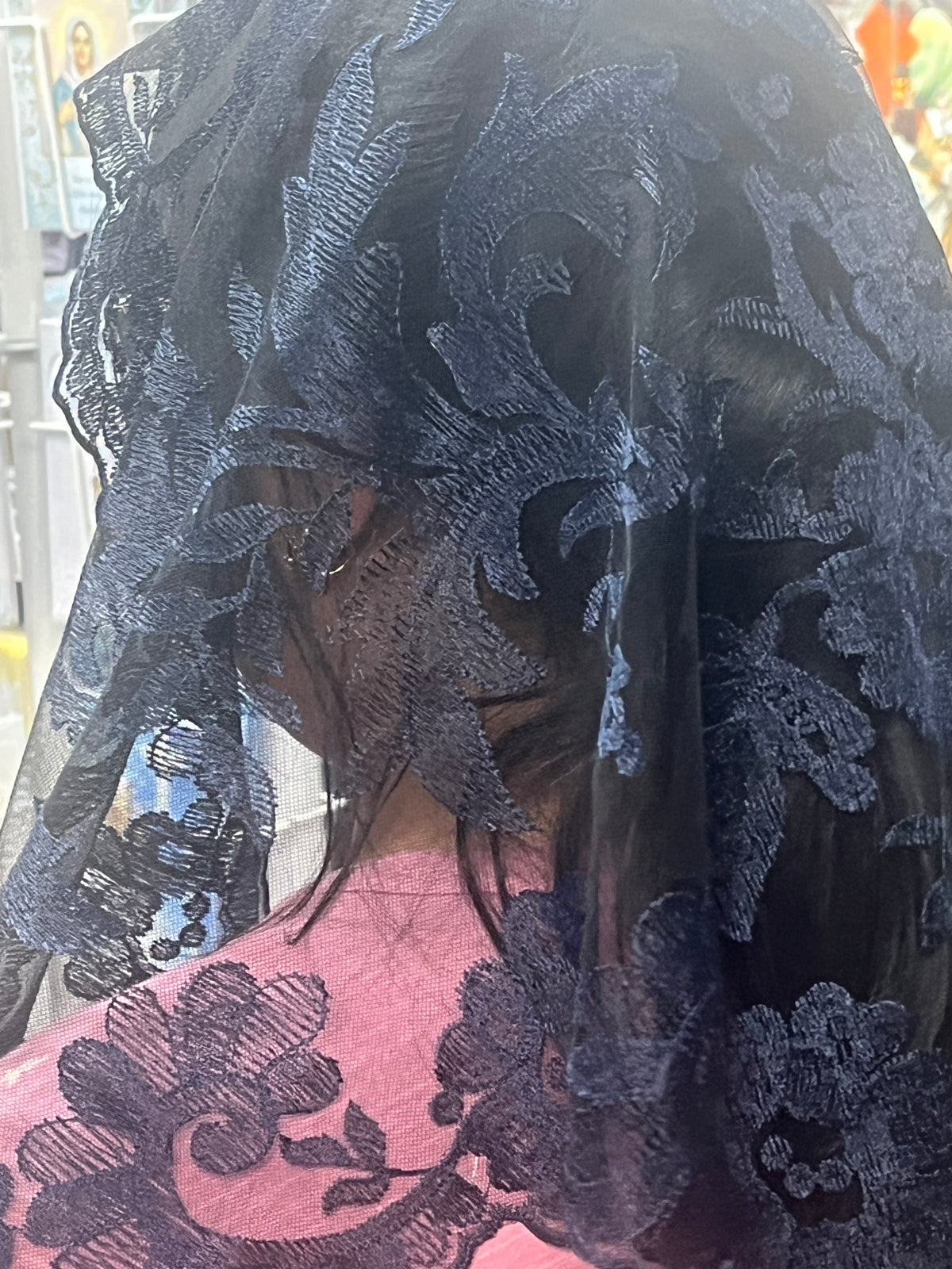Navy and Black Olivia Lace Mantilla Chapel Spanish Veil 51"