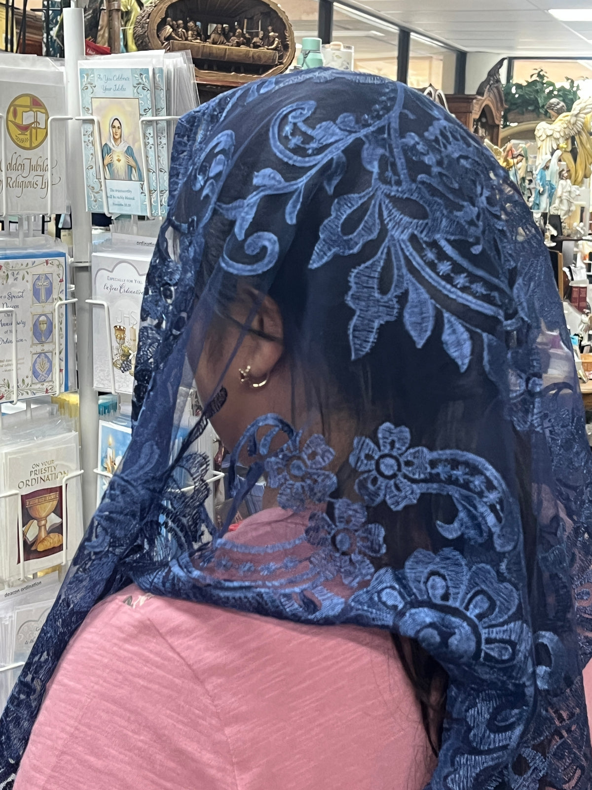 Navy Blue Lilian Lace Mantilla Chapel Spanish Veil 51"