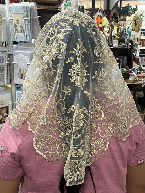 White and Metallic Gold Lucia Lace Mantilla Chapel Spanish Veil 51"