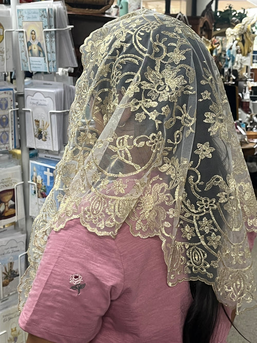 White and Metallic Gold Lucia Lace Mantilla Chapel Spanish Veil 51"