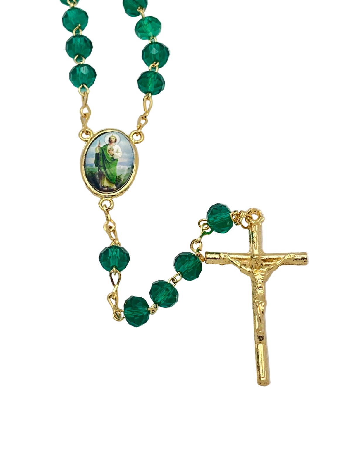 St. Jude Dark Green Crystal and Gold Rosary with Papal Crucifix