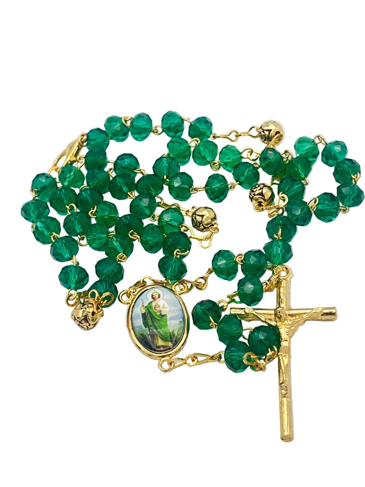 St. Jude Dark Green Crystal and Gold Rosary with Papal Crucifix