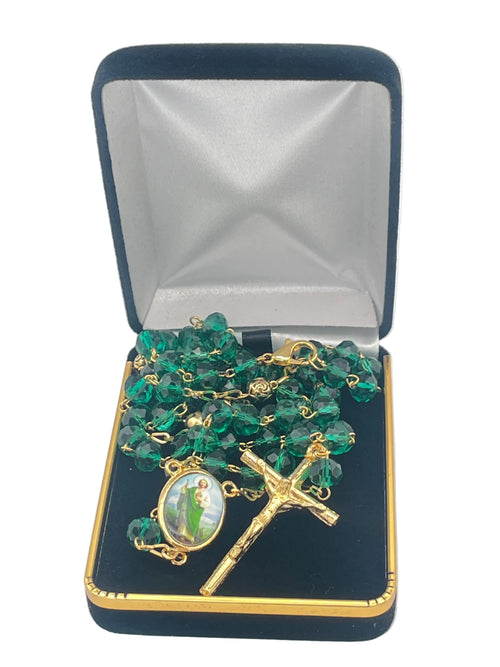 St. Jude Dark Green Crystal and Gold Rosary with Papal Crucifix