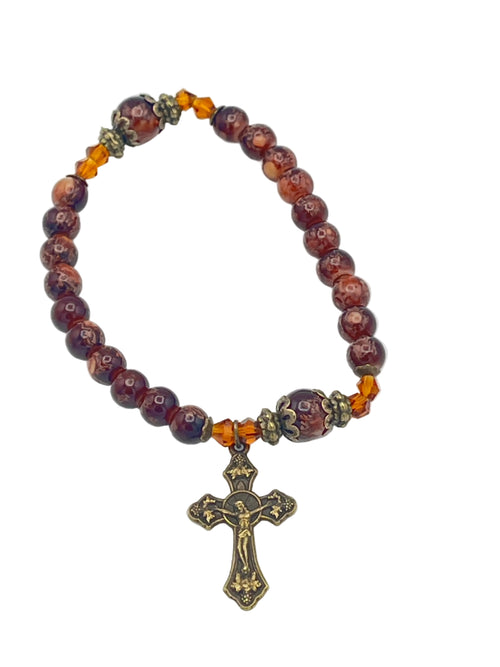 Brown Marble and Glass Antique Crucifix Stretch Bracelet