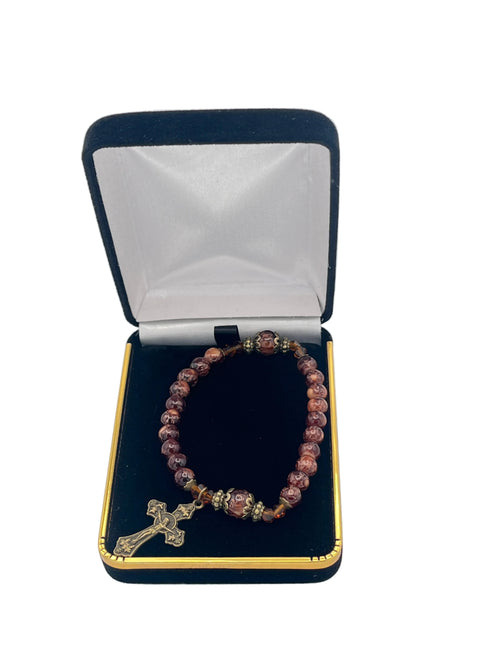 Brown Marble and Glass Antique Crucifix Stretch Bracelet