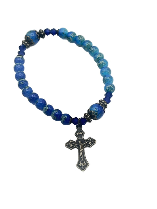 Blue Marble and Glass Antique Crucifix Stretch Bracelet