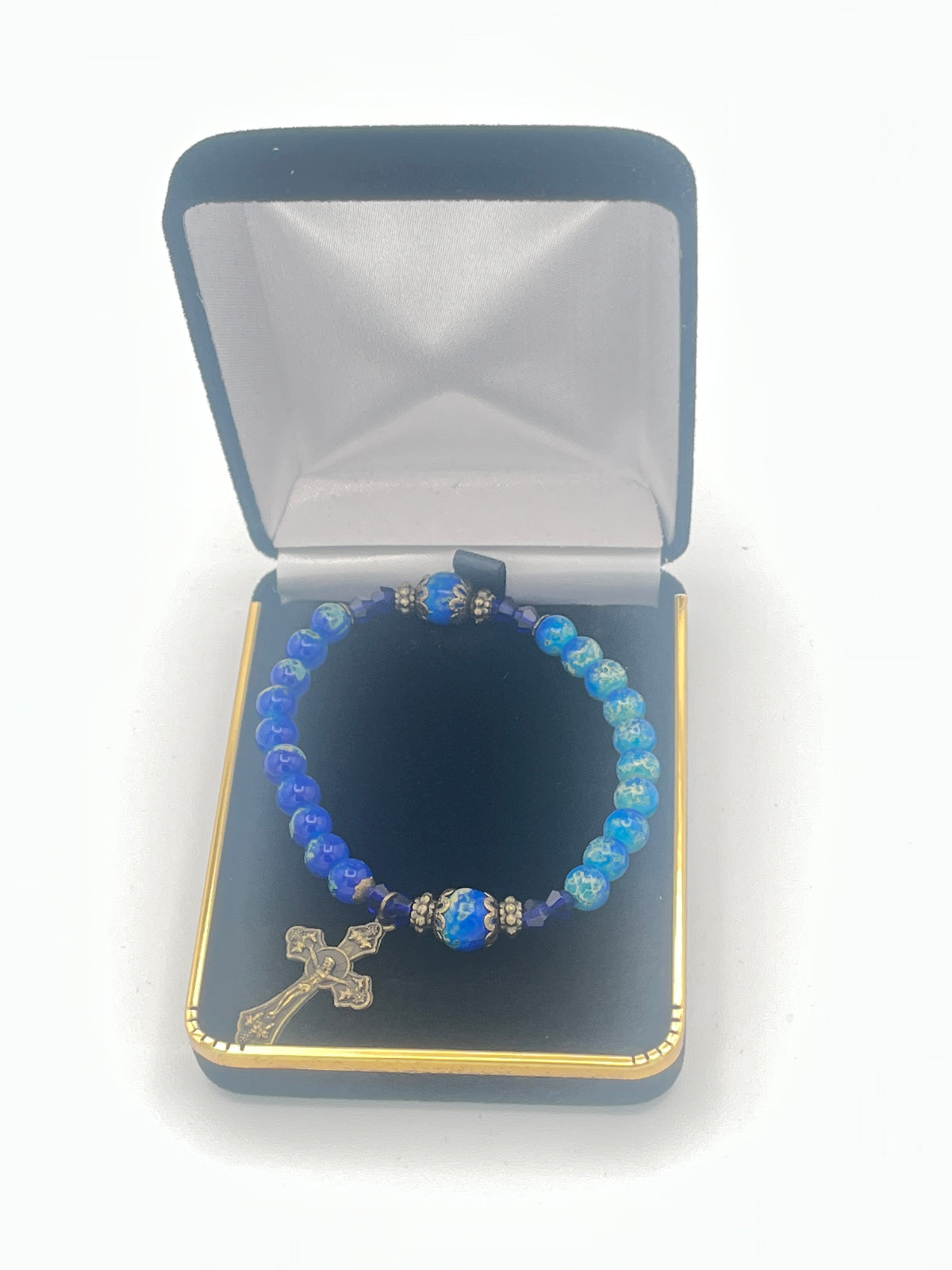 Blue Marble and Glass Antique Crucifix Stretch Bracelet