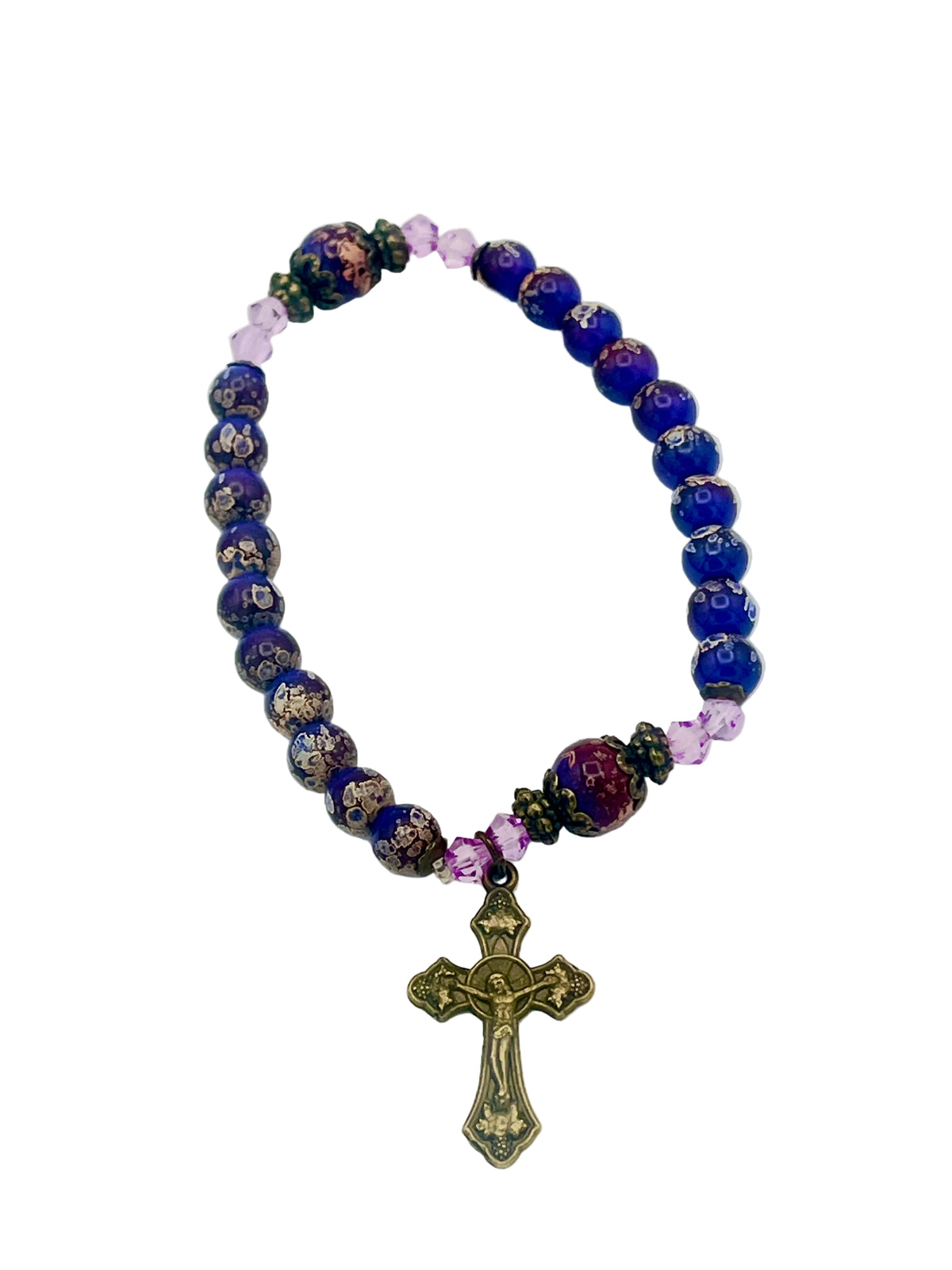 Purple  Marble and Glass Antique Crucifix Stretch Bracelet