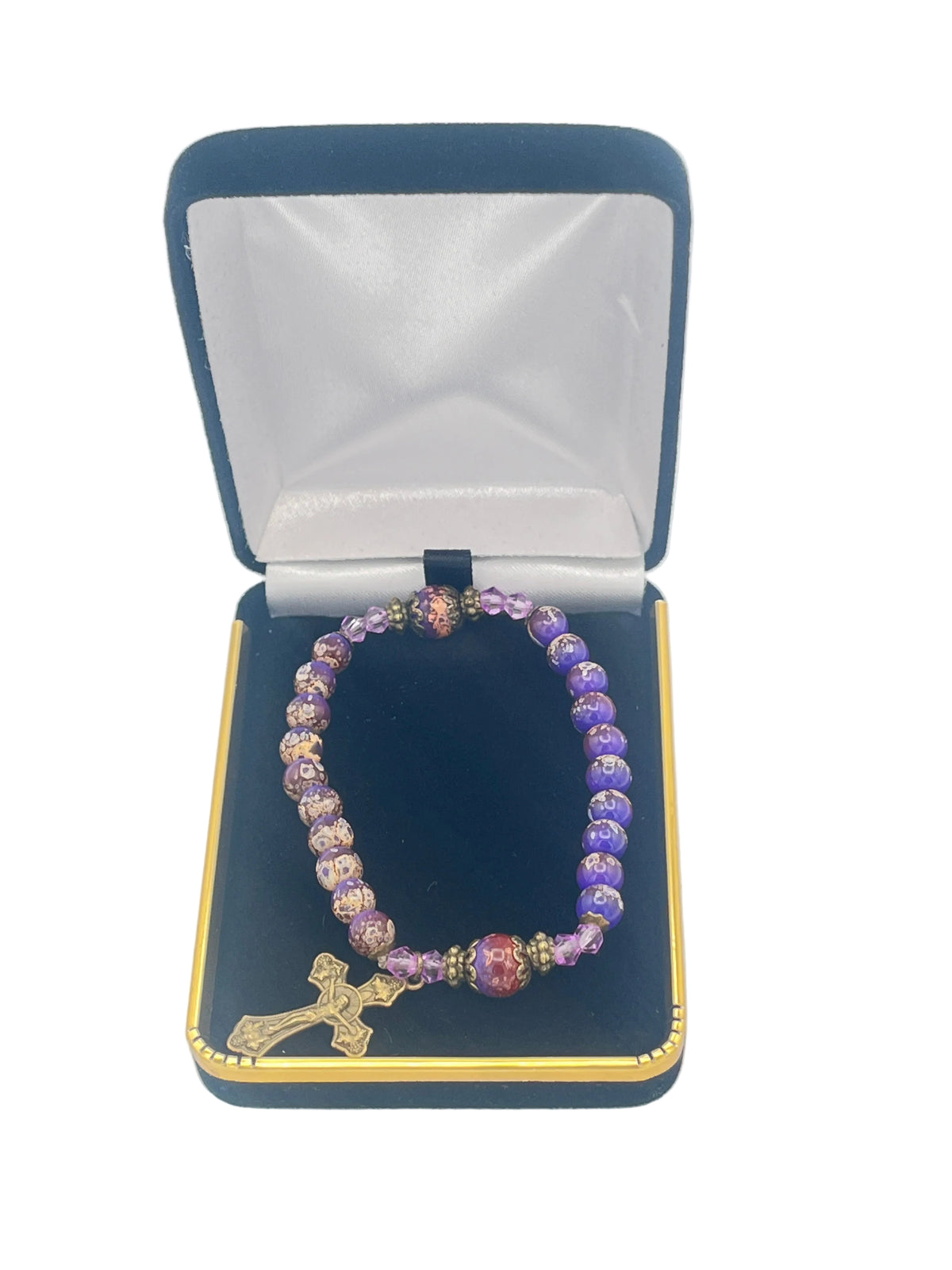 Purple  Marble and Glass Antique Crucifix Stretch Bracelet
