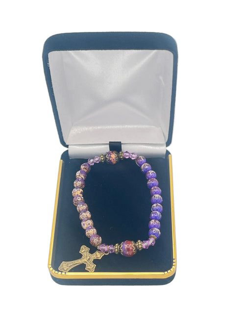 Purple  Marble and Glass Antique Crucifix Stretch Bracelet