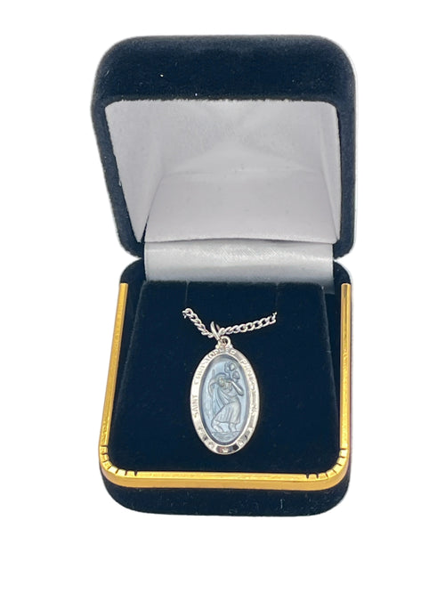 Sterling Silver St Christopher Medal with Blue Enamel 5/8"