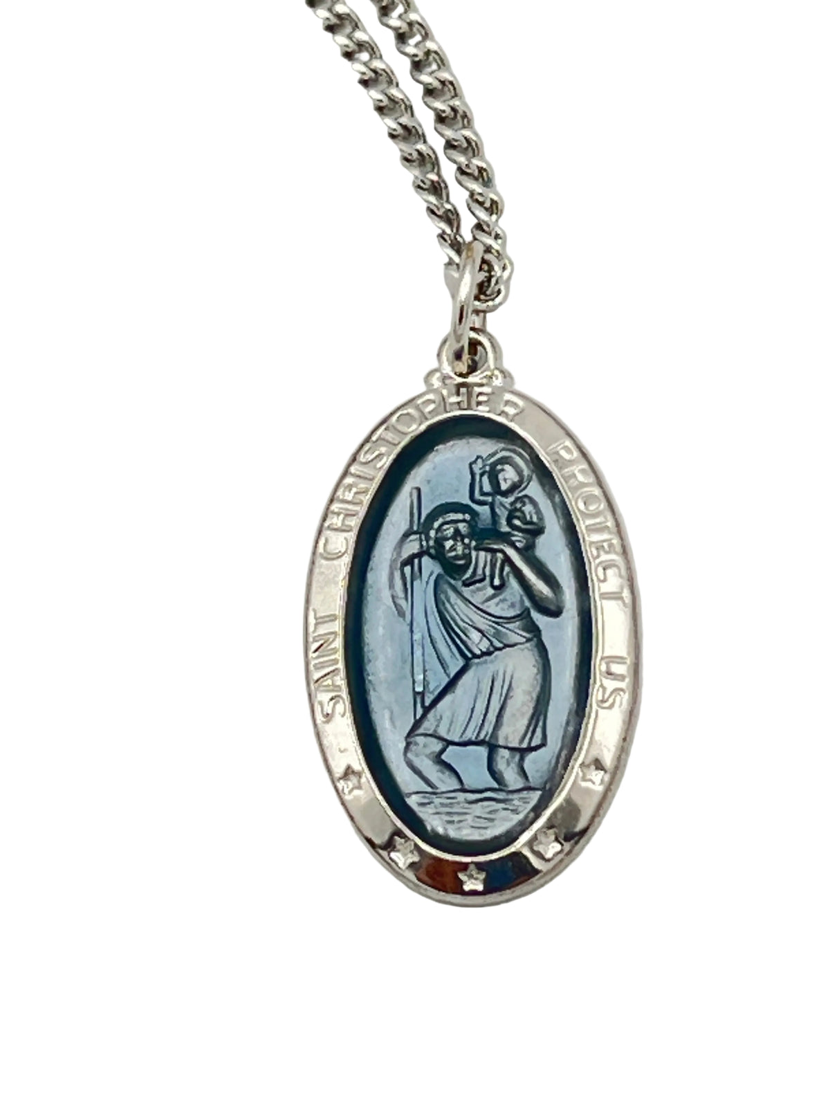 Sterling Silver St Christopher Medal with Blue Enamel 5/8"