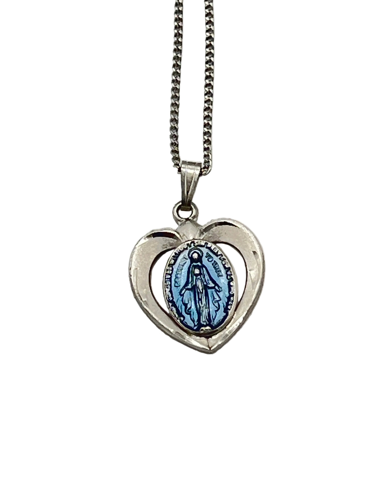 Blue Heart Sterling Silver Miraculous Medal with Blue Enamel 3/4"